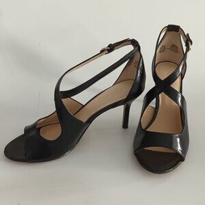 Nine West Gessabel Black Leather Crisscross Strap Peep Toe Dress Heel Mutiple sz